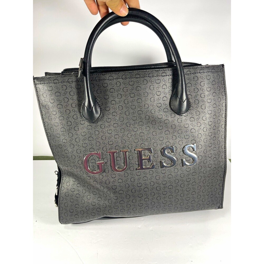 GUESS Gray/Black Logo Print Satchel Top Handle Bag Zip w/ Detachable Strap